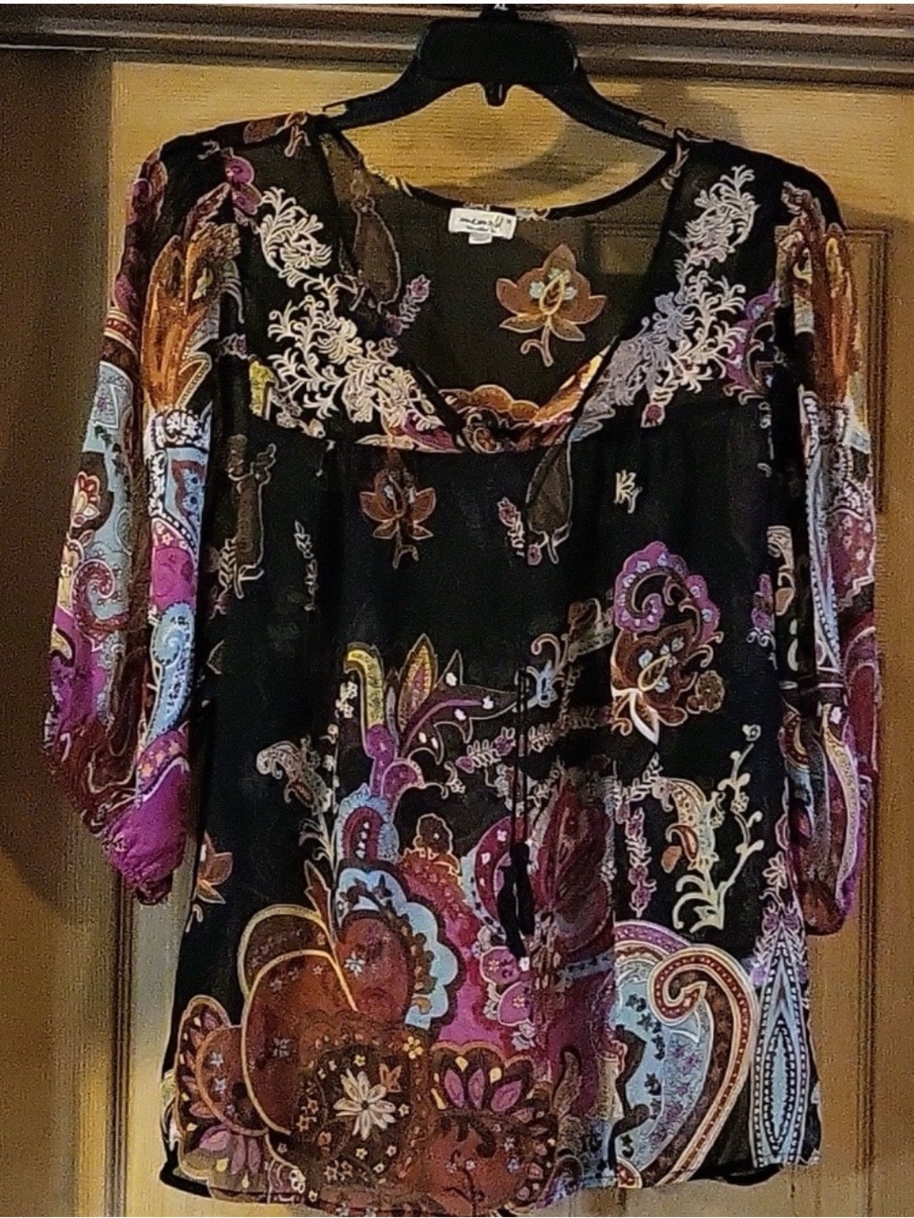 One World Live and Let Live paisley sheer Ballon short sleeve style top, 1X